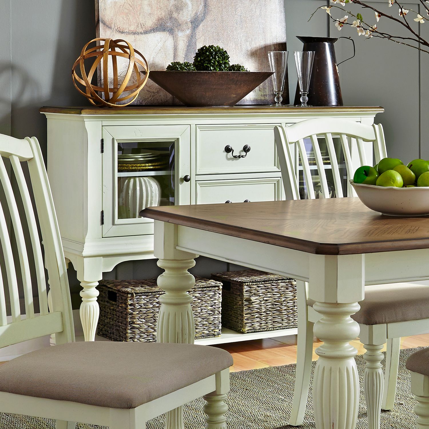 Liberty Furniture Cumberland Creek Pedestal Dining Table Set - Farmhouse Style With Leaf, White/Nutmeg Finish