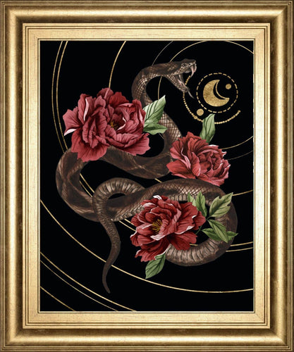 A brown snake intertwined with red roses is suspended in a black and gold astrological background.