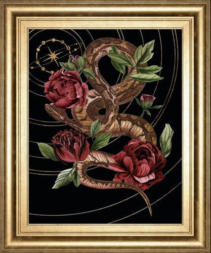 A brown snake intertwined with red roses is suspended in a black and gold astrological background.
