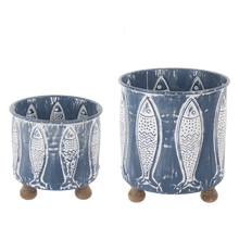 Load image into Gallery viewer, Whitewash Navy Embossed Fish 2 pc Planter Set by Ganz CB180935