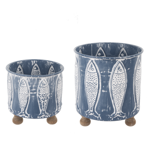 Whitewash Navy Embossed Fish 2 pc Planter Set by Ganz CB180935