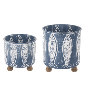 Whitewash Navy Embossed Fish 2 pc Planter Set by Ganz CB180935