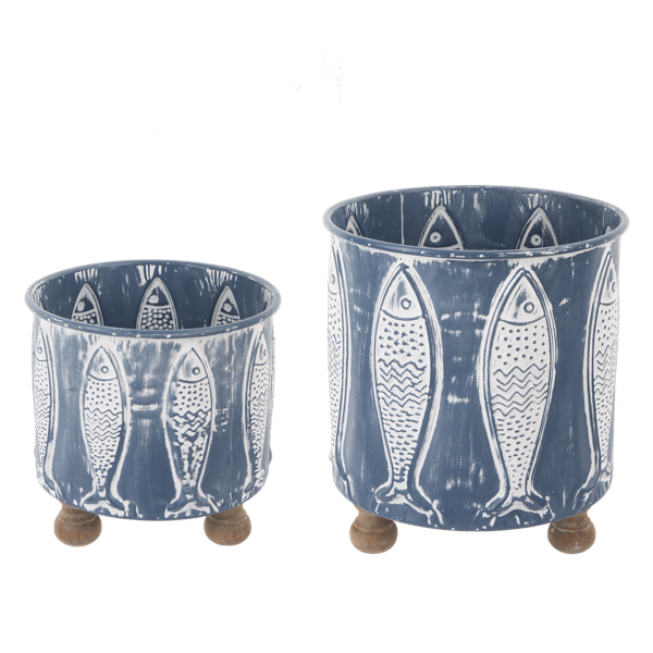 Whitewash Navy Embossed Fish 2 pc Planter Set by Ganz CB180935