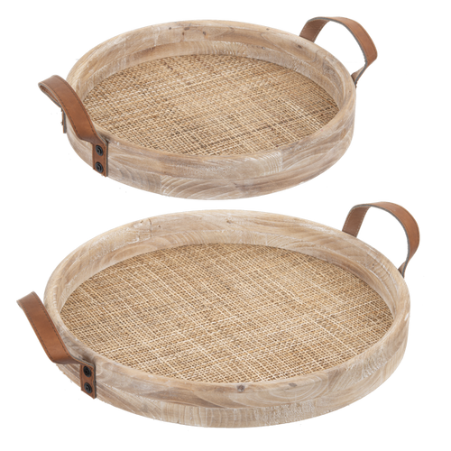 Round Natural Woven Inlay Tray with Leather Handle (2pc set) by Ganz CB181838