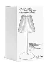 Load image into Gallery viewer, 12H Gold Cordless LED Touch Lamp with White Ribbed Shade by Ganz CB198941