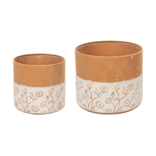 Terracotta & Whitewash Embossed Floral Round Planter (2 pc set) by Ganz CG176898