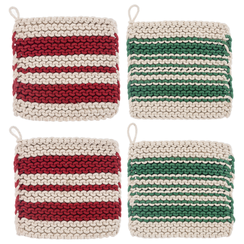 Cotton Crochet Red  Stripe Pot Holder (4pc set) by Ganz CX196973