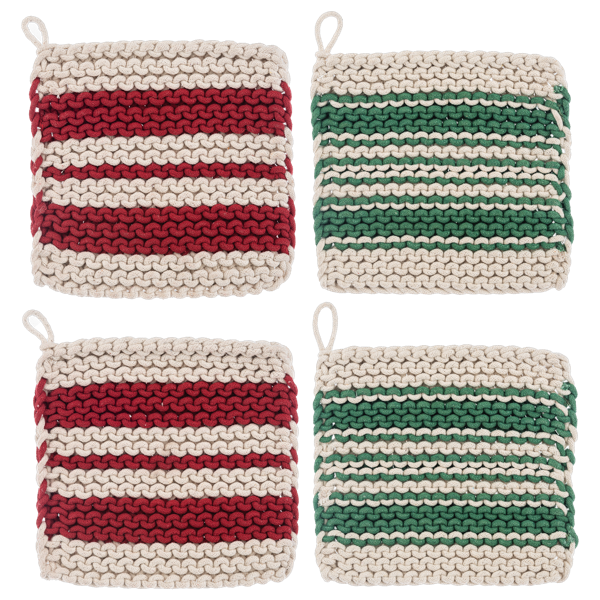 Cotton Crochet Red  Stripe Pot Holder (4pc set) by Ganz CX196973