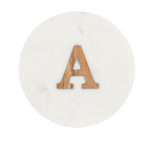 Load image into Gallery viewer, Round White Marble (4pc) Coaster with Letter A Inlay CB181548