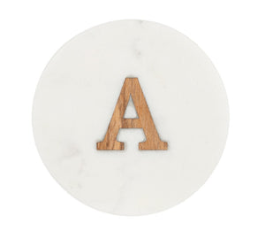 Round White Marble (4pc) Coaster with Letter A Inlay CB181548