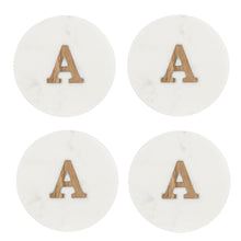 Load image into Gallery viewer, Round White Marble (4pc) Coaster with Letter A Inlay CB181548