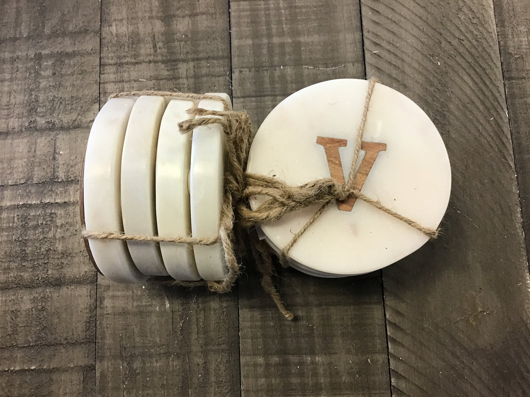 Round White Marble (4pc) Coaster with Letter V Inlay by Ganz CB182784