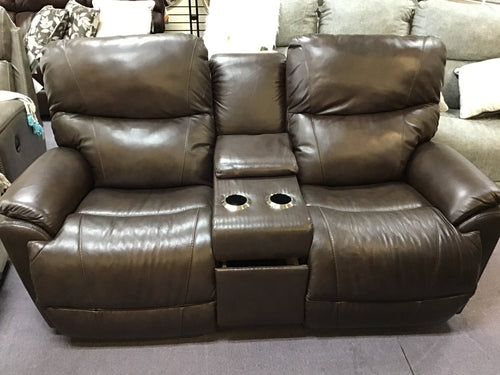 Trouper Power Leather Reclining Loveseat w/ Headrest & Console by La-Z-Boy Furniture U49-724 LB172779 Walnut