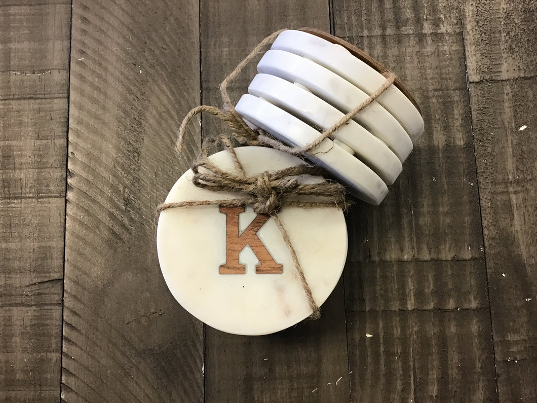 Round White Marble (4pc) Coaster with Letter K Inlay by Ganz CB182776